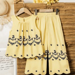 Young Girl' Retro Striped Print Sleeveless Outfit, Vintage Striped Design with Delicate Embroidered Hem, Sleeveless Top + Wide Leg Pants, Comfortable And Stylish, Suitable for Daily Wear, Vacation, Family Gathering, Spring/Summer, Perfect for Outdoor