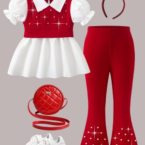 Girls' Blouse And Trousers Set, Collared Beaded Short Sleeve Top And Patchwork Skirt, Slight Flared Trousers, Girls' Outfit, Summer Fashion Versatile Commuter Style Bossy Style Girls' Clothing, for Outdoor