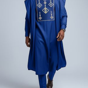 Agbada Men'S 3pcs Suit, Embroidered Pattern, Round Neck, Snap Buttons, Pockets, Robe And Shirt And Trousers, Flowing And Loose Silhouette Design, Suitable for Banquets, Birthdays, Gatherings, Weddings, Holiday Celebrations, Dates, Parties