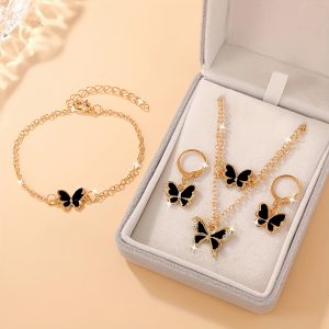 4pcs Elegant Women'S Fashion Jewelry Set - Sparkling Butterfly Necklace, Matching Stud Earrings And, Rose Golden, Perfect for Valentine'S Day, Weddings, Mother'S Day, Special Occasion Gift, Butterfly Jewelry Set. (Box-Free)