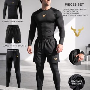 Men'S 3pcs Workout Set - Golden Bull Print T-Shirt, Compression Tights And Outer Shorts, Soft, Breathable, High Elasticity, Ideal for Gym, Running And Outdoor Activities