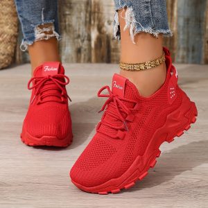 Women's Fashion Lace-Up Sneakers, Fly-Woven Breathable and Comfortable Outdoor Running Shoes, Lightweight Soft-Sole Casual Shoes