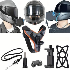 Motorcycle Helmet Chin Strap Mount, Suitable for GoPro Hero 13, 12, 11, 10, 9, 8, 7, 6, 5, 4, 3, Insta360, DJI, SJCAM, AKASO and Other Action Cameras, Helmet Chin Mount with Phone Clip Suitable for iPhone, Google, Samsung, LG, Etc. Most Smart Phones