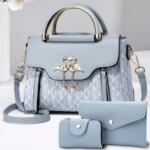 3pcs Women's Handbag Set, Swan Decor Top-Handle Tote Bag with Card Holder & Purse, Elegant Crossbody Shoulder Bag, Pink Synthetic Leather & Letter Print, Casual & Party Use