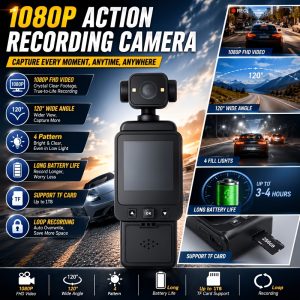 Portable Clip-On Action Camera, 1080P Recording, Wifi Connection, Anti-Shake, APP Control, Recorder for Outdoor Travel And Daily Use