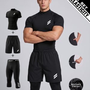Men'S 3pcs Gym Outfit Set - Printed High Neck T-Shirt, Compression Capri Leggings And Running Shorts, Breathable Stretch Sportswear for Workout, Fitness, Outdoor Sports And Casual Wear
