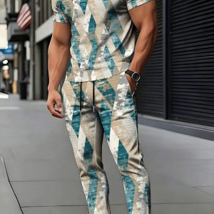 Men's Fashion Rhombus Geometric Print Short Sleeve and Long Pants Set, Casual Trendy Slim Fit 2pcs Outfit, Suitable for Daily Commute and Street Wear, Blue and Beige Vintage Distressed Style, Football Game Day Casual Outfit F