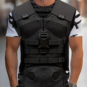 Printed Design - Non-Textured/2D Printing Men's Casual Sports T-Shirt, Simulated Mesh Tactical Vest Print Design, Fashionable Thin and Breathable T-Shirt, Machine-Washable Casual Short-Sleeve Top, Suitable for Daily Commuting/Outdoor Sports/Game