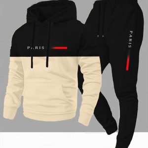 Men'S Casual Color Block Hoodie And Sweatpants Set - "PATRIS" Print, &, Regular Fit, Slight Stretch Fabric, Perfect for Outdoor Leisure Sports, Fall/Winter Collection, Outdoor Leisure Wear|Casual Style|Stretch Fabric